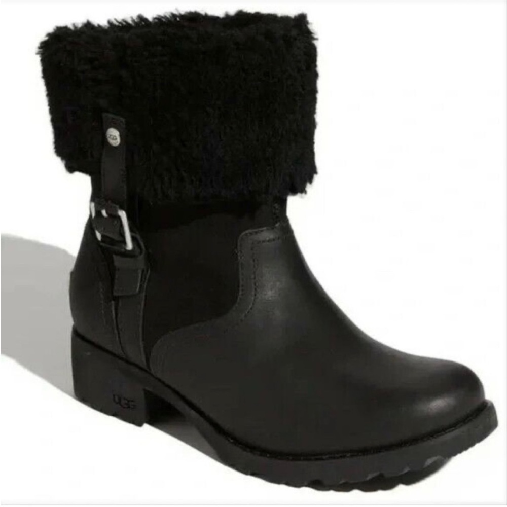 UGG Black Bellevue 1914 Leather Shearling Zip Fold Over Moto Boots Sz 6